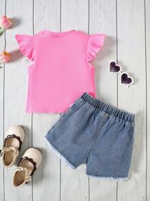 SHEIN 2pcs/Set Young Girl Casual & Simple Comfy Round Neck Ruffle Hem Sleeveless Top And Jeans Pants Set - Pink - View 6
