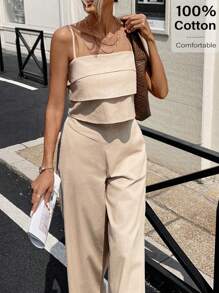 Siren Gaze 女士两件套日常穿搭 女士夏季服装 女士工作装 夏季连衣裙 女士大码服装 正式两件套 亚麻两件套 米色两件套 套装 夏季棕色休闲装 - 卡其色 - 查看 5