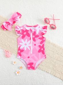 Newborn Floral Ruffled One-Piece Swimsuit With Headband Set,Newborn Baby Girl Clothing For Summer,Cute Beach Holiday Outfits - Multicolor - View 1