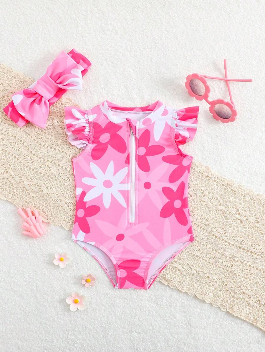 Newborn Floral Ruffled One-Piece Swimsuit With Headband Set,Newborn Baby Girl Clothing For Summer,Cute Beach Holiday Outfits - Multicolor - View 1