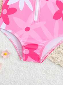 Newborn Floral Ruffled One-Piece Swimsuit With Headband Set,Newborn Baby Girl Clothing For Summer,Cute Beach Holiday Outfits - Multicolor - View 4