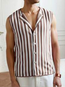 Claim Dot Áo len dệt kim không tay đơn hàng khuy sọc cho nam mùa hè - Cà phê nâu - Xem 4