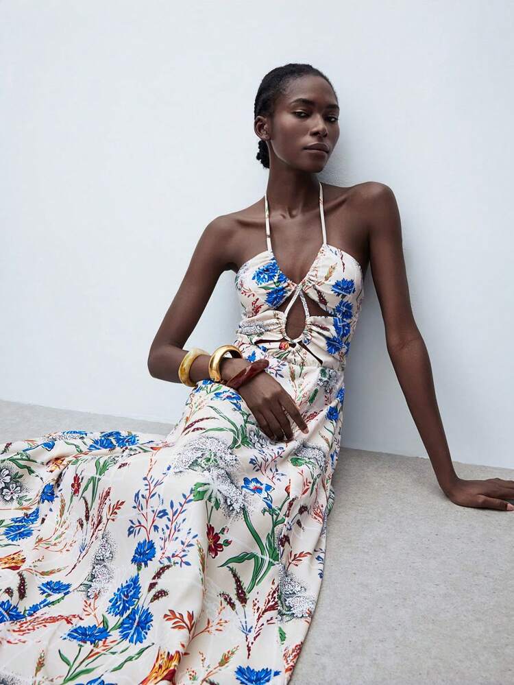 SHEIN Maija Romantic Floral Multi-Color Print Chiffon Embroidered Ruched Tie-Up Ruffle Hem Design Maxi Dress For Women, Waist Cinched Fit, Flattering Silhouette, Suitable For Holiday, Vacation, Versatile Outerwear, Halloween