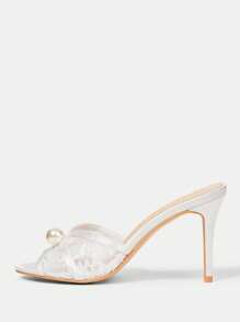 CUCCOO HITCHD 女士白色蕾丝网纱仿珍珠装饰露趾高跟凉鞋，优雅仙女风，适合婚礼、派对、圣诞节等场合，优雅婚鞋、春季婚鞋、新娘鞋 - 白色 - 查看 4