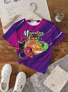 Miraculous Ladybug X SHEIN Conjunto de 2 piezas de niña pre-adolescente con camiseta de manga corta de verano informal con estampado de letras de dibujos animados - Multicolor - Ver 6