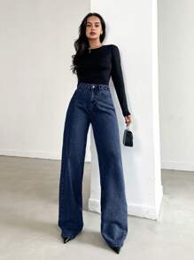 EURMUSE HIGH WAIST WIDE LEG LONG HEM BLUE JEAN - 716 GR - Dark Wash - View 3