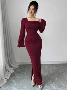 Modelyn 女式斜领褶裥提花长袖连衣裙 - 酒紅色 - 查看 5