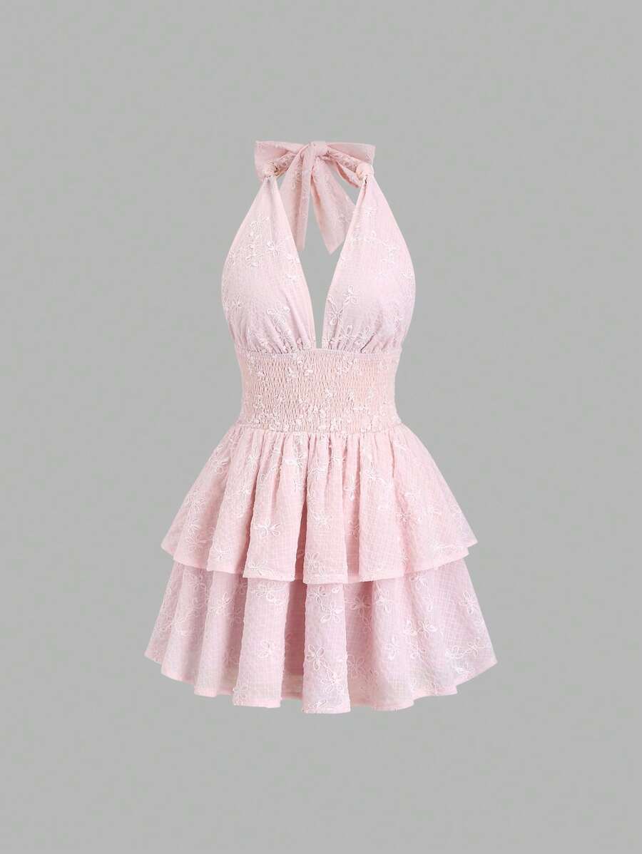 Sweetra French Minimalist Sexy Style Deep V Neck Backless Jacquard Waist Slimming Mini Dress For Women - Pink - View 1