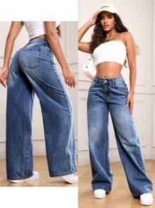 SHEIN PETITE 女式口袋阔腿宽松休闲百搭牛仔裤 - 中等水洗藍 - 查看 7