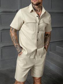 Manfinity Homme Conjunto informal de camisa de manga corta y pantalones cortos de unicolor para hombres, verano