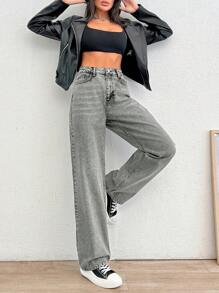 EURMUSE 高腰灰色直筒中号牛仔裤 - 灰色 - 查看 3