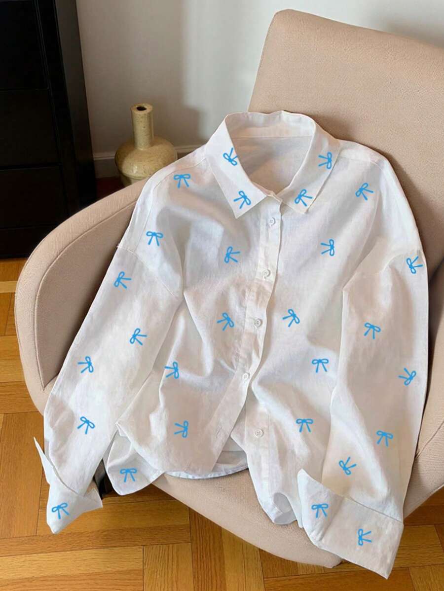 INAWLY Butterfly Print Front Button Long Sleeve Casual Button Up Shirt - Blue - View 1