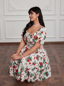 Flirla Plus Size Women Floral Print Puff Sleeve Fashionable Mini Dress - Multicolor - View 7