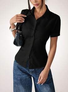 SHEIN PETITE White Women's Shirt Waist Cinch Pleated Short Sleeve Shirt - Black - View 7