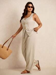 Elaquor Conjunto de 2 Peças Elegante Plus Size, Colete com Decoração Floral Metálica e Calças para Mulheres