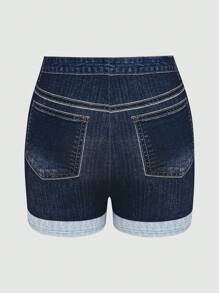 Women's Slim Fit Distressed Pattern Denim Effect Shorts, Summer Fashion - Medium Wash - View 2