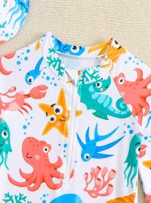 SHEIN 1 套男婴卡通鲸鱼印花长袖连体衣（带帽），夏季防紫外线沙滩装 - 彩色 - 查看 5