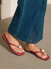 HighSole Ankhura 女士红色和白色珍珠装饰方头平底凉鞋 - 紅色 - 查看 9