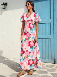 Vivid Eden 女士夏季度假彩色花卉印花 V 领短袖修身长裙、度假休闲装、夏装、女士度假装、女士沙滩装、节日、浪漫优雅服装、甜美、狂欢节装、热带度假女装、狂欢节、女士夏季连衣裙、海岛度假装、女士蜜月装 - 彩色 - 查看 7