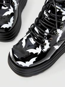 ROMWE Grunge Punk Giày bốt nữ đế cao buộc dây kiểu dáng thường ngày in hình dơi, đa năng, thích hợp cho lễ Halloween. - màu đen - Xem 5