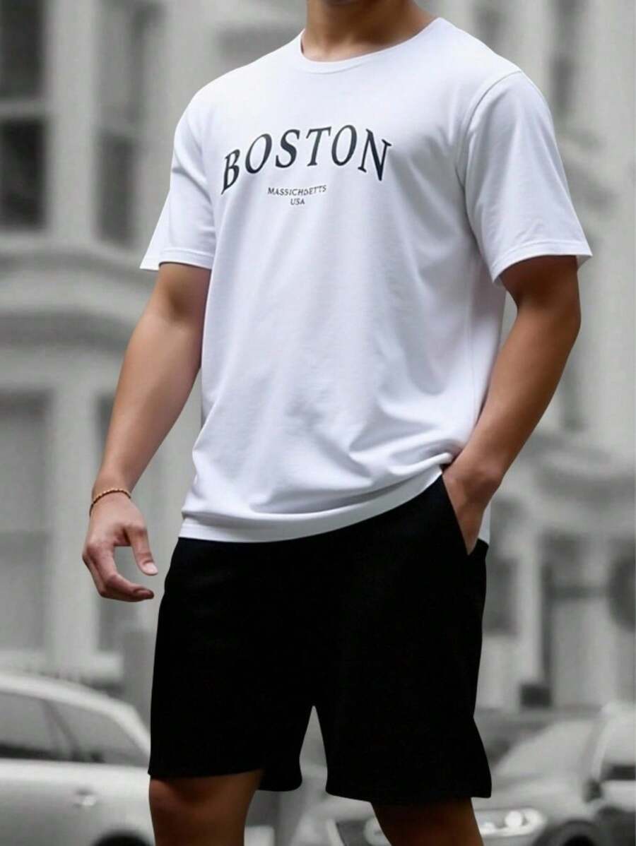 RueChic Ensemble t-shirt à manches courtes et short pour hommes avec taille à cordon et poche, imprimé lettres