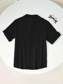 Boys Casual Loose Fit Wave Fabric Stand Collar Button Down Short Sleeve Shirt, Versatile For School, Garden, Beach, Birthday, Spring, Summer, Fall, Winter Boys Black Shirt Boys Collared Shirt Boys Dress Shirt Boys Button-Down Shirt - Black - View 2