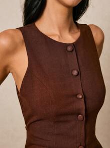 Poéselle Women's Round Neck, Single-Breasted, Sleeveless, Brown  Dress - Brown - View 4