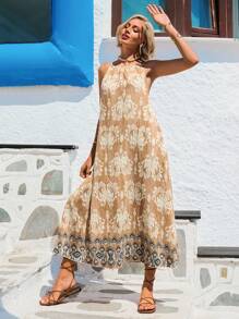 Vivid Eden Women's Summer Vacation Casual  Bohemia  Print Beaded Detail Backless Loose Long Dress,Holiday Outfits ,Summer Outfits,Summer Outfits For Women,Vacation Outfits Woman,Beach Vacation Outfits,Boho Chic - Multicolor - View 7