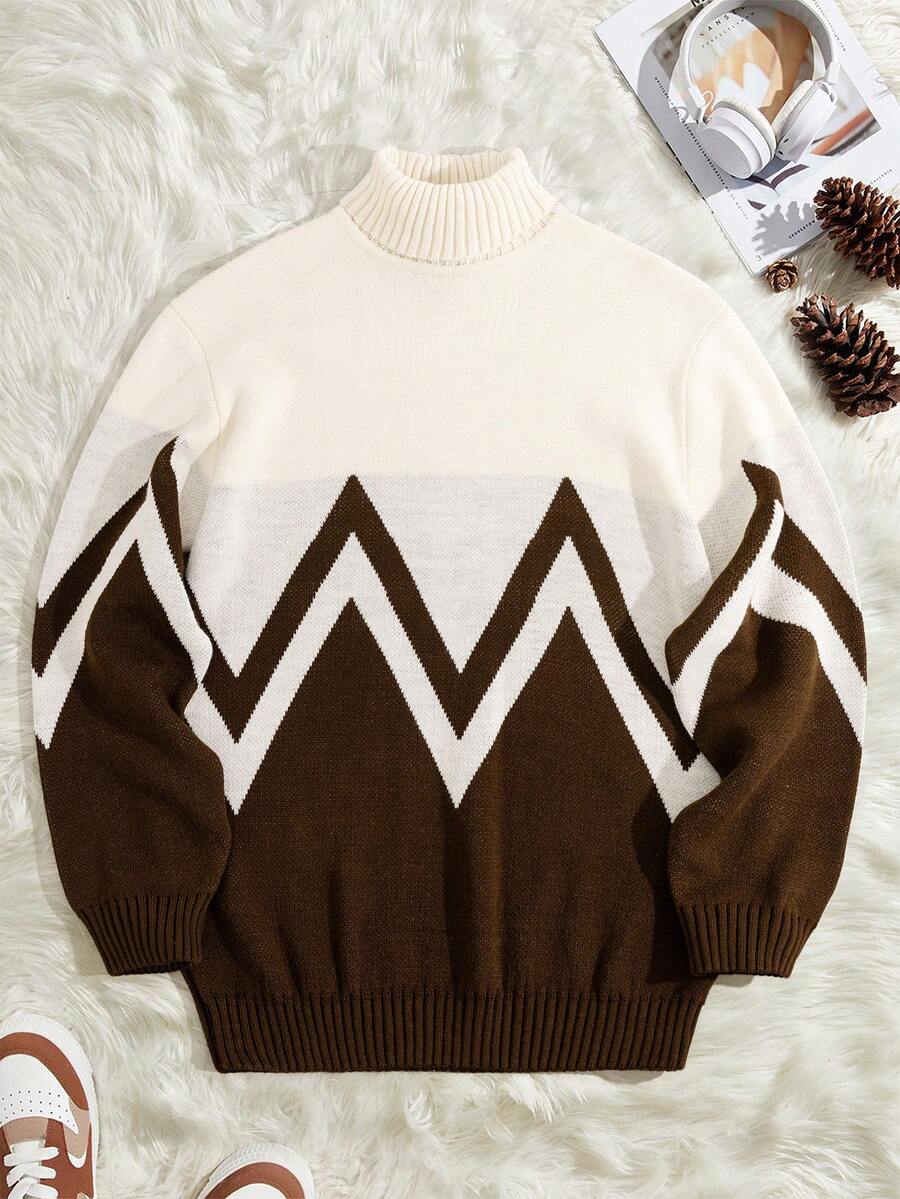 EURMUSE Men Geometrical Pattern Raglan Sleeve Fashion High Neck Regular Sweater - Black and White - View 1
