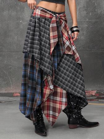 Grunge Punk Vintage Art Patchwork Asymmetrical Hem Contrast Color 2 In 1 Pleated Skirt For Women