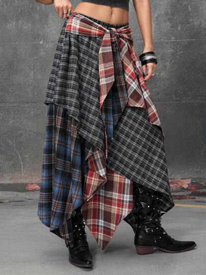 Grunge Punk Women Vintage Art Patchwork Asymmetrical Hem Contrast Color 2 In 1 Plaid Skirt