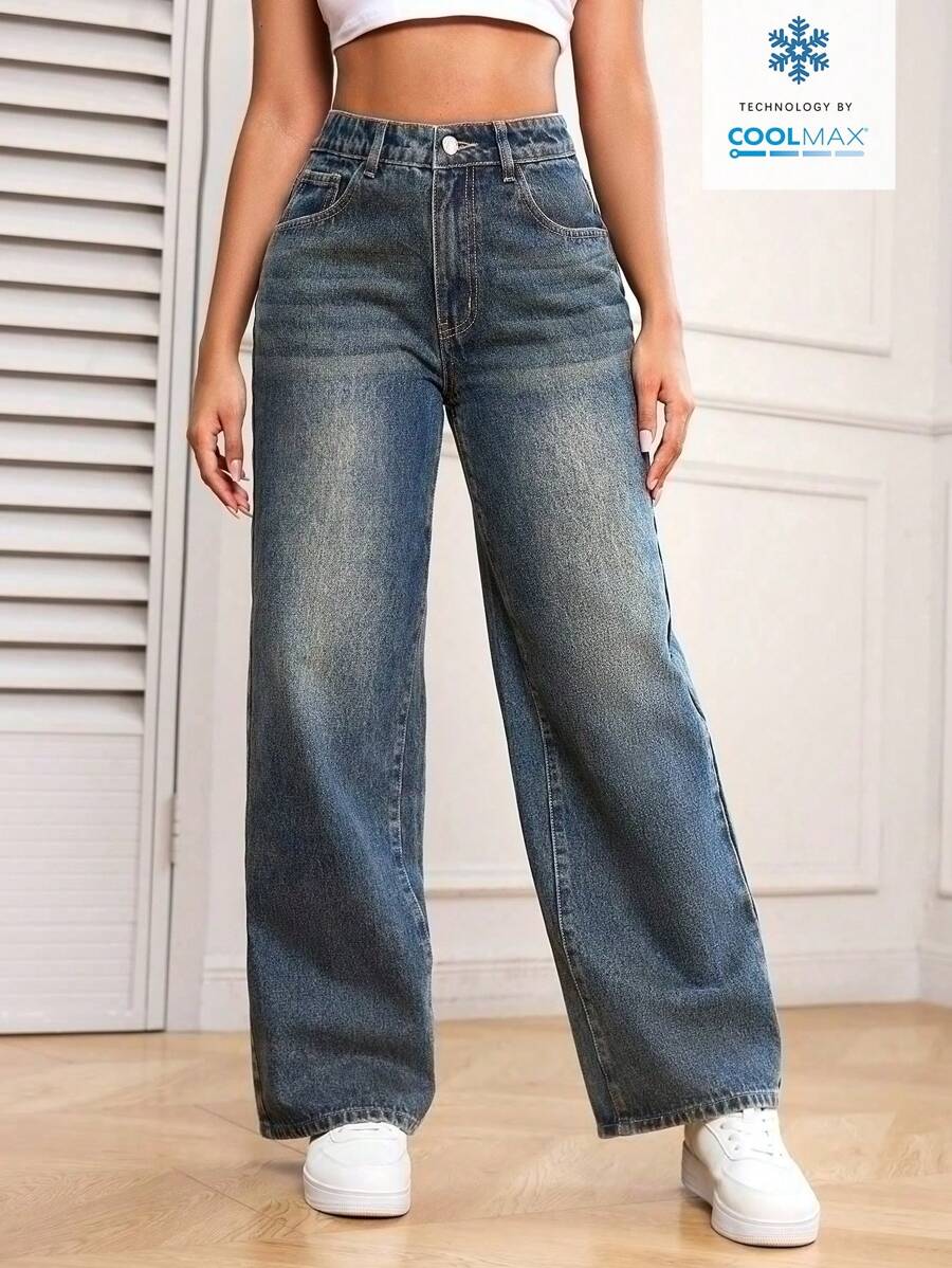 SHEIN PETITE 女式复古蓝色牛仔裤，带口袋，休闲时尚 - 藍色 - 查看 1