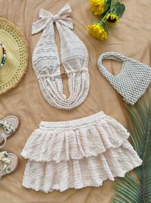 Soleia Spring Summer Vacation V-Neck Hollow Lace-Up Backless Vest And Tiered Mini Skirt 2 Pieces Sets, Suitable For Holiday, Date, Afternoon Tea, Holiday, Music Festival, Boho Style - Beige - View 3