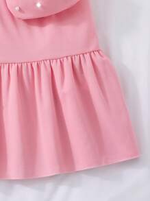 SHEIN Preteen Girls' Solid Color Collar Puff Sleeve Cardigan Summer Dress With Pouch Summer Holiday - Pink - View 8