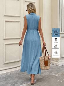 SHEIN LUNE Vestido midi con cuello de camisa de lino ligero decorado para mujeres, color albaricoque, adecuado para salidas de primavera/verano, ir al trabajo y a la oficina