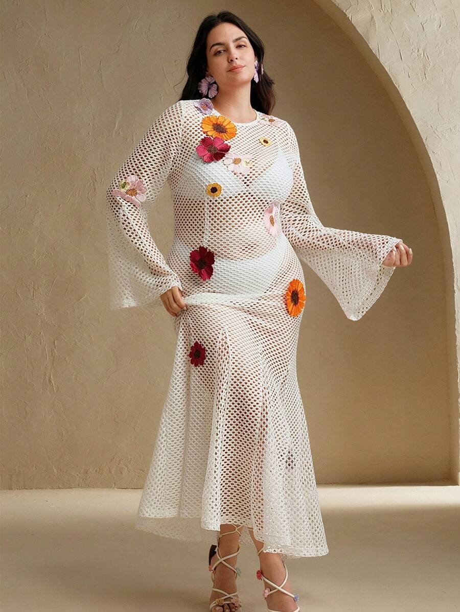 Anewsta Floral-Embellished Crochet Cover-Upbeach Outfits For Woman For Summer Beach Vacation - White - View 1