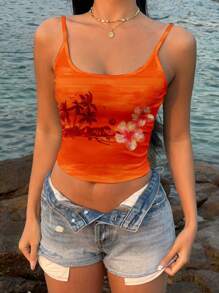 Attitoon Tropical Holiday Style Sunset Orange Island Tie Dye Background, Tropical Floral Placement Print Women Cami Vintage Style, Casual Vacation Style, Sexy Style, Cute Y2K Coconut Girl Boho Music Festival, Suitable For Summer Suitable For Going Out - Multicolor - View 6