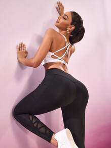 SHEIN Sports 女式高腰几何网眼拼接紧身裤 - 黑色 - 查看 2