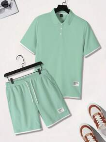Manfinity Homme Men 2-In-1 POLO Shirt And Drawstring Waist Shorts Set Casual Two Piece Set Men - Green - View 3