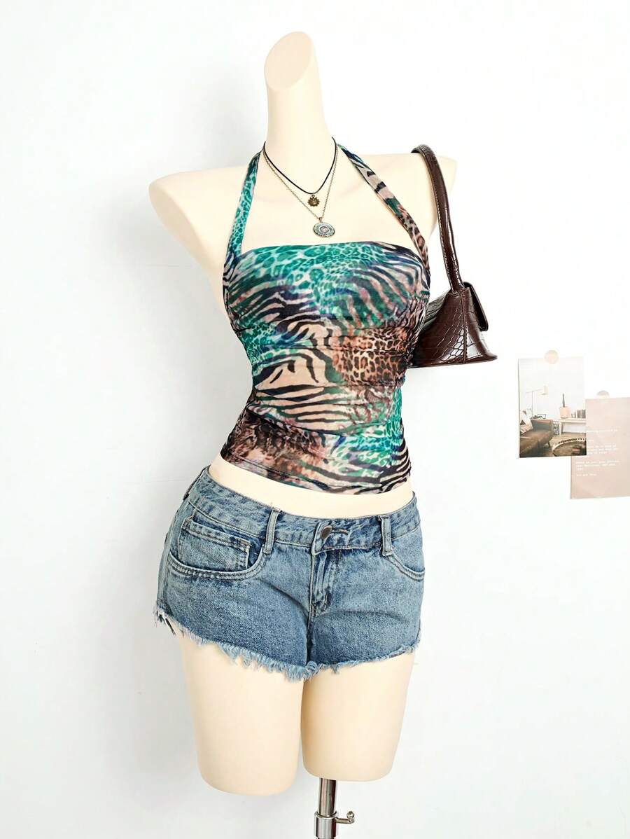 女式性感 Y2K 风格动物豹纹细肩带系带网眼吊带背心 - 彩色 - 查看 1