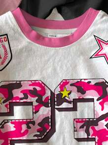 SHEIN Conjunto de 3 camisetas de manga corta cuello redondo, estilo atlético chic, con diseños de lazo y número 23 impresos, en estilo minimalista casual, apropiado para verano, para niña bebé