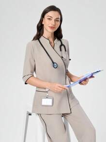 Scrubzie 2pcs Set Nurse Scrub Uniform For Women, Black With Color Block, Wrinkle Resistant Crossover Top And Pants