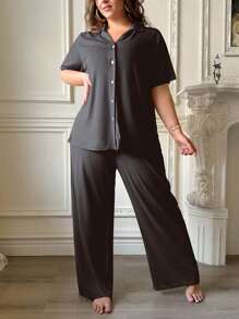 Lazeform 加大码柔软透气纯色纽扣上衣和裤子睡衣套装 - 深灰色 - 查看 6