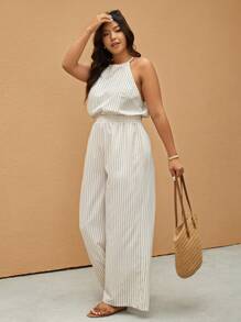 Elaquor Macacão de Ombro Caído com Estampa Listrada e Cintura Ajustável, Tamanho Plus Size para Mulheres