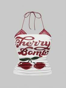 ROMWE 2pcs Set: Retro Cherry Print & Punk Vine Print Splice Lace Mock Neck Plus Size Bodycon Cami Top, Summer Top - Multicolor - View 2