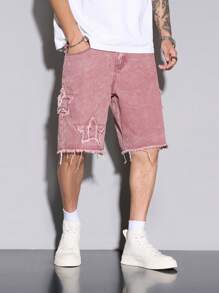 Manfinity EMRG Men's Loose Fit Distressed Five-Pointed Star Pocket Denim Shorts Pink Denim Shorts
