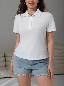 SHEIN EZwear Camiseta de cuello polo tejido de canalé - Blanco - Ver 4