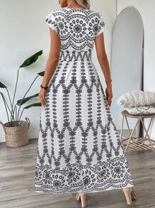 SHEIN LUNE 女式荷叶边盖袖荷叶边下摆 A 字形连衣裙，休闲度假优雅瓷器印花长款连衣裙 - 白色 - 查看 2