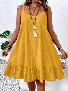 EMERY ROSE Plus Size Casual Solid Color Spaghetti Strap Dress - Yellow - View 1