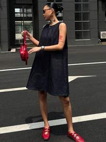 DAZY 深色水洗无袖宽松长款牛仔上衣，春夏 - 深色水洗藍 - 查看 7